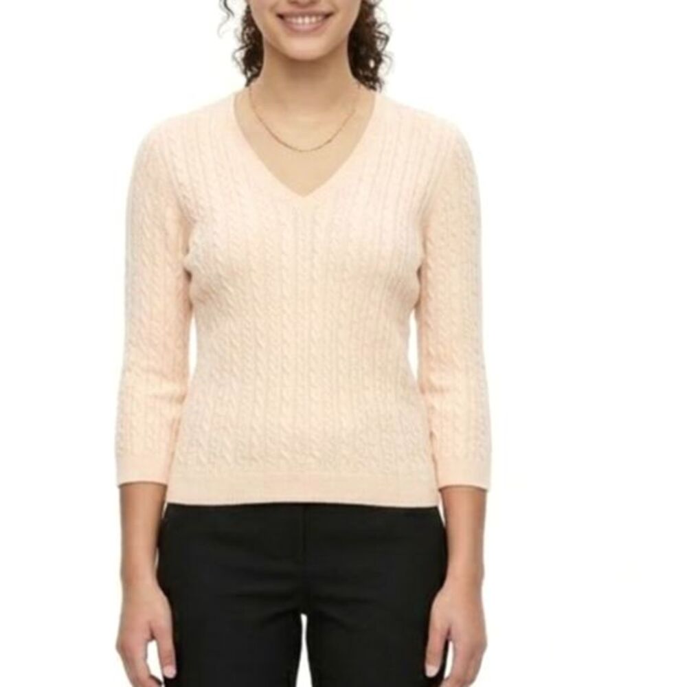 Lauren Ralph Lauren Women's Peach-Pink V-Neck Mini Cable 3/4 Sleeve Sweater Sz S